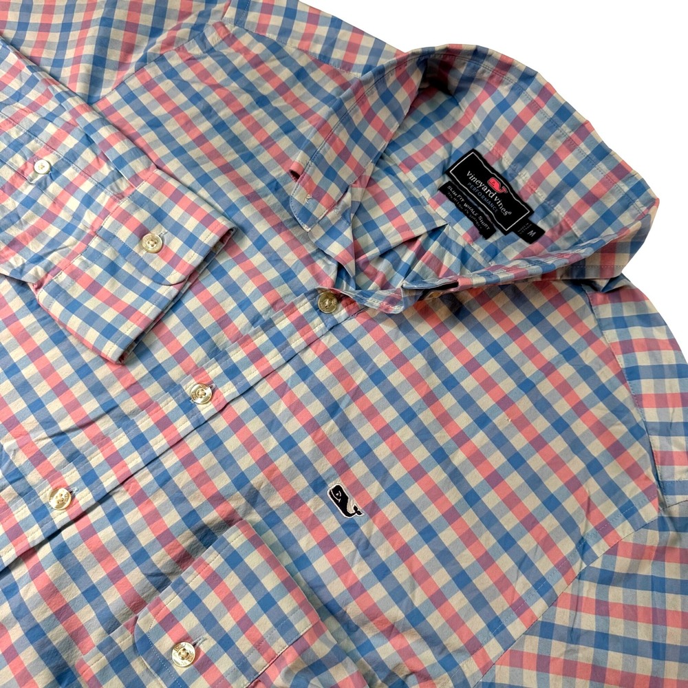 Vineyard Vines Performance Slim Fit Whale Shirt Men's‎ M Pink Blue Check Plaid